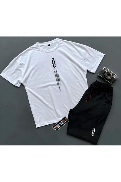 NewCabin New Season Oversize Upright Printed Relaxed Cut T-shirt Καλοκαιρινό σορτς 2 τεμαχίων