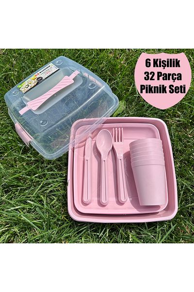 Şener collection Picnic Set for 6 People - 32 Pieces, with Bag, Plastic Cup and Spoon Knife Dinner Breakfast Set