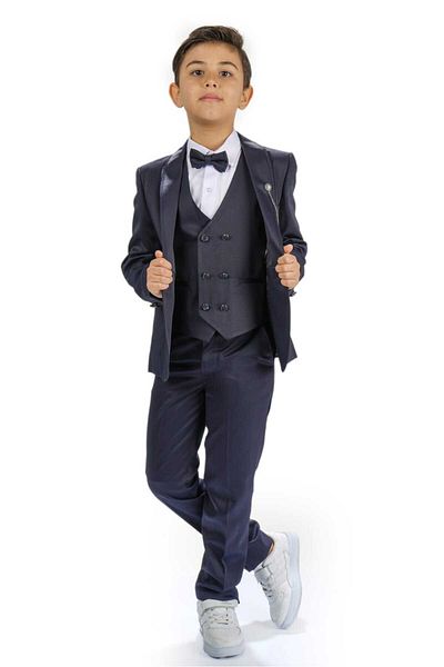 Magu Boys Navy Blue Jacket Shirt Vest Bow Tie Pants Tuxedo Groom Suit