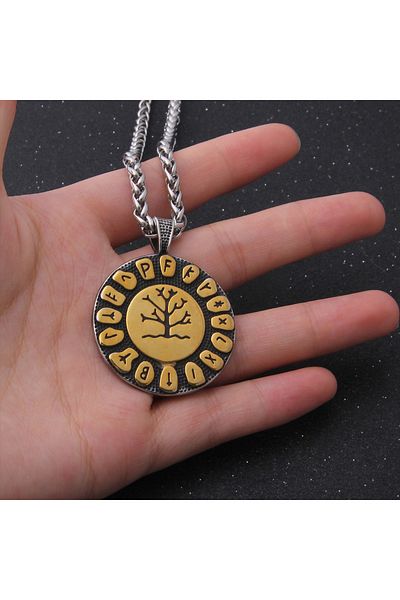 Viking Yggdrasill Scandinavian Mythology Patterned - 316L Runic Written Steel Necklace