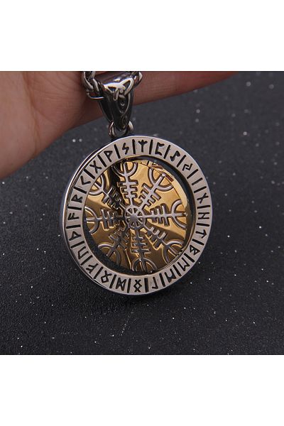Viking Nordik Vegvisir Pattern - 316L Steel Necklace with Runic Symbol and Rotating Mechanism