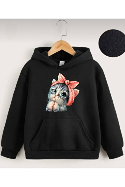 Topçu Siyah Kedi Baskılı Kapüşonlu Sweatshirt