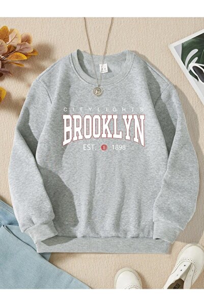 Topçu Gri Brooklyn Baskılı Unisex Sweatshirt