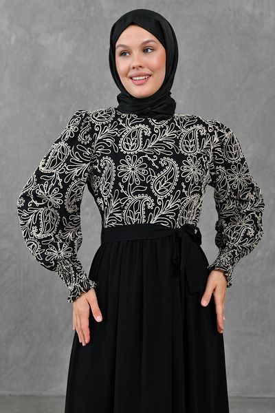 lovebox Women's Patterned Cotton Fabric Belt Detailed Design Black Maxi Hijab Dress 1620