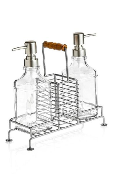 Digithome 500 Ml Gray Glass Liquid Soap and Lotion Bottle 2-Piece Soap Dispenser with Metal Stand - B/11 C1-1-289