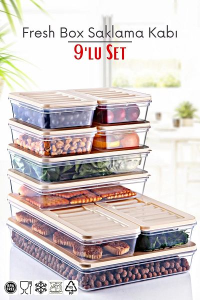 Open Home Concept Freshbox Set of 9 - Cream Storage Container Suitable for Microwave and Diffraction