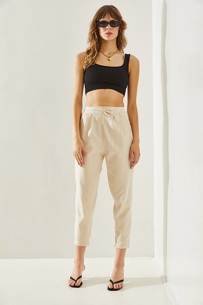 Bianco Lucci Linen Women's Fish Back Trousers with Waist Detail -60251165