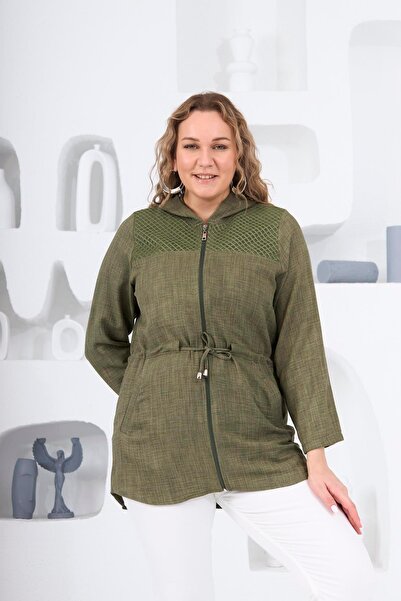 RMG Omuz File Detaylı Keten Dokulu Büyük Beden Haki Ceket