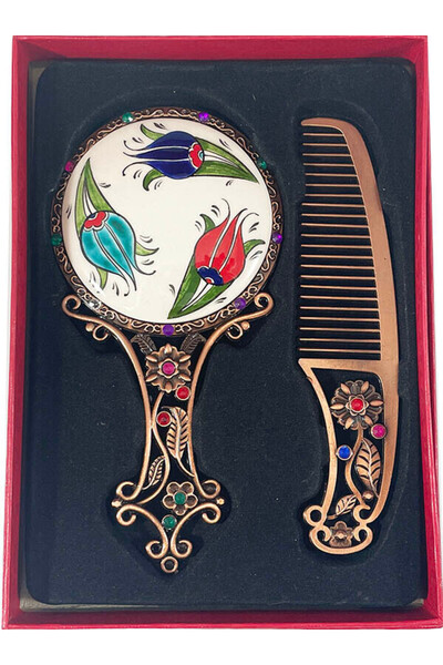 Çini Evi Zarif Laleler Desenli Taraklı Ayna Seti