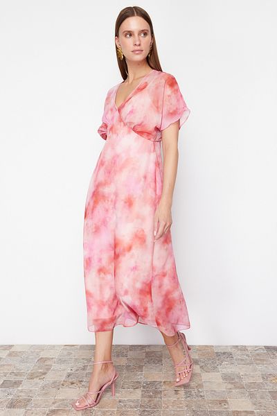Trendyol Collection Rosa A-Linien-Maxikleid aus gewebtem Chiffon mit abstraktem Muster TWOSS24EL00812