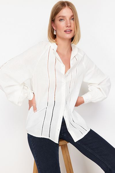 Trendyol Collection Oversize Ecru Lace Shirt - Wide Fit Woven, TWOSS24GO00156