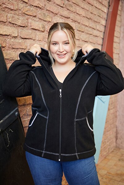 RMG Kapşonlu Büyük Beden Siyah Polar Sweatshirt