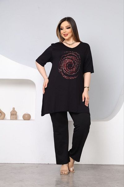 vividbutik Asymmetrical V-Neck Colorful Tunic Blouse with Stone Detail