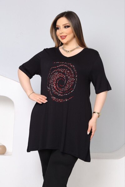 vividbutik V YAKA ÖNÜ RENKLİ TAŞLI ASİMETRİK TUNİK BLUZ