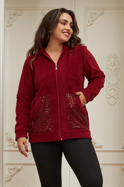 RMG Plus Size Burgundy Cardigan with Sequin Embroidered Sleeves and Pockets