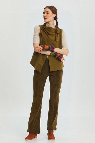 Clandestino Collar Detailed Bohemian Women's Vest Khaki