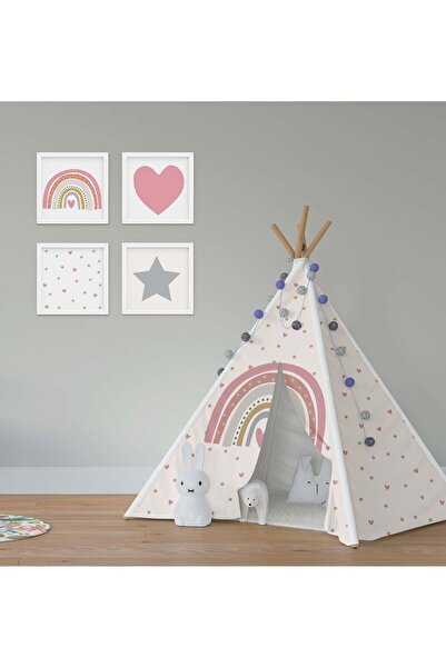 CİCİ ODAM Çocuk Bebek Odası Oyun Çadırı Serpme Yıldızlı Kalpli Gökkuşağı