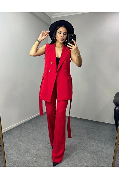 pembekurdelem Women's Belted Vest Pants Set Red