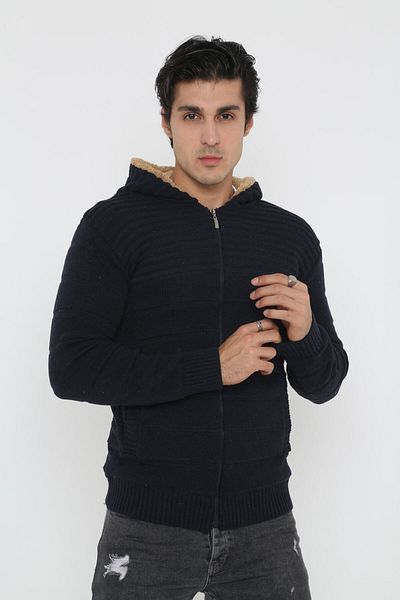 KMKkombin Men's Furry Hooded Sports Cardigan