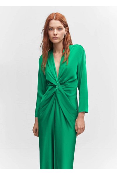 MANGO Woman Σατέν φόρεμα με κόμπο με λεπτομέρειες