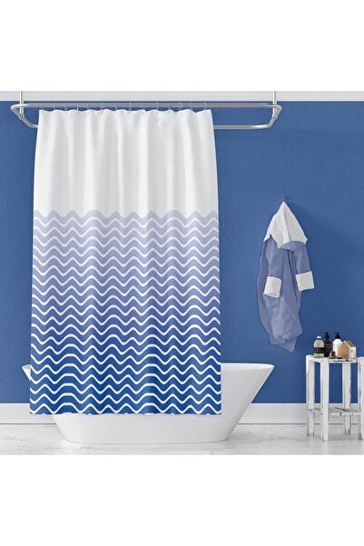 Tropikhome Banyo Perdesi Mavi Dalga Desen Yerli Üretim Duş Perdesi C-Halka He...