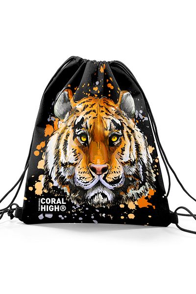 Coral High Drawstring Drawstring Black Tiger Patterned Kids Backpack - 22487