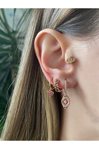 Okkostore Kadın Gold Rengi Etnik Charm Desenli 3’lü Küpe Seti