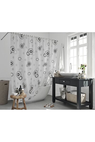 Tropikhome Banyo Perdesi Halkalı Çiçekli Desen Yerli Üretim Duş Perdesi C-Hal...