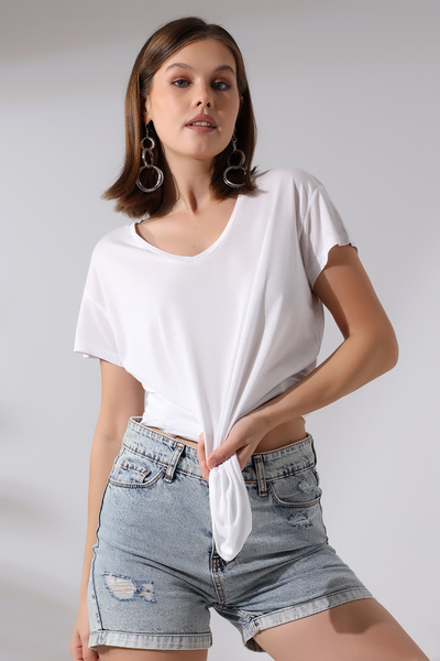 Endies Μπλουζάκι με κοντό μανίκι με V λαιμόκοψη 19410 ΛΕΥΚΟ