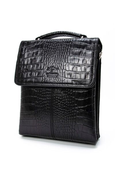 KANGAROO KINGDOM Erkek Postacı Çantası Timsah Siyah Kroko Hakiki Dana Deri 23...