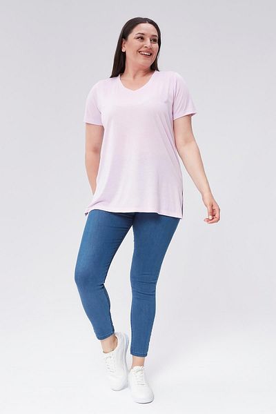 Seamoda Plus Size V-Neck Slit Cotton Basic T-shirt-LILA