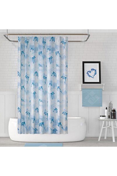 Tropikhome Banyo Perdesi Yunus Desen Yerli Üretim Duş Perdesi Plastik C-Halka Hediye 180x200cm Banyo Perdeleri