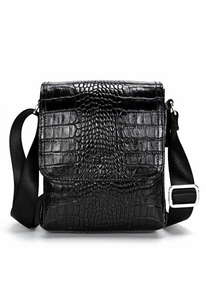 KANGAROO KINGDOM Siyah Erkek Postacı Çantası Hakiki Dana Deri Kroko 8799-cs