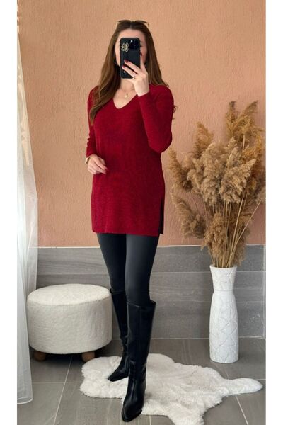 BERİ BUTİK Bluză roșie cu decolteu în V cu sclipici și fante pe laterale