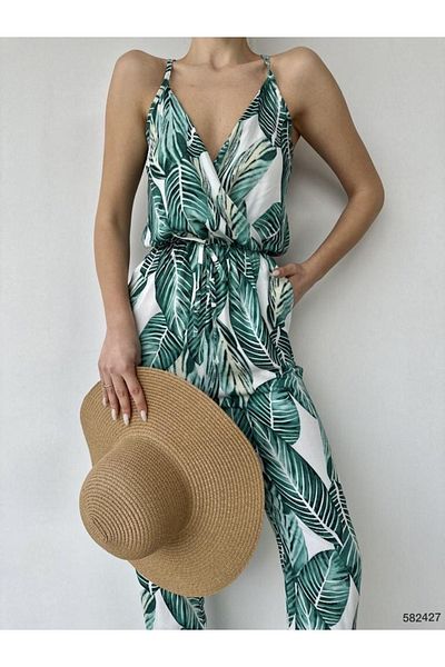 pelinzen Women's Woven Viscose Fabric Elastic Waist Patterned Strappy Jumpsuit