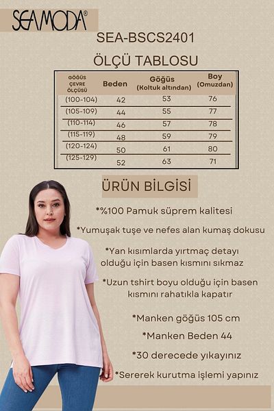 Seamoda Plus Size V-Neck Slit Cotton Basic T-shirt-LILA