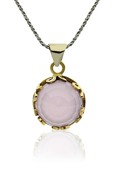 Roza Silver Pembe Kuvars Taşlı Vav Harfi Motifli Otantik Gümüş Kadın Kolye