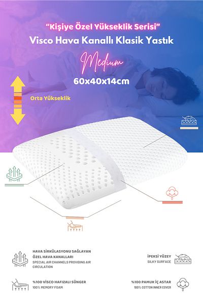 VİSCOTEX Classic Neck Supported Visco Orthopedic Pillow with Air Channels, Medium, 60X40X14Cm, White-Pink
