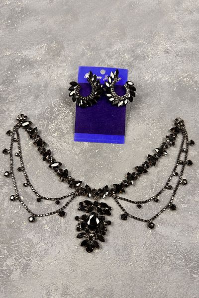 Hayalperest boncuk Leaf Earrings Set for Bride and Henna Wedding with Fringe - Black