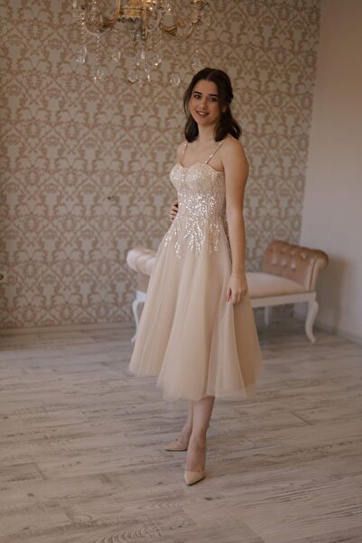 ZEYNEPYILMAZMODA Vizon Işli Beden Midi Boy Elbise,abiye,söz Elbisesi