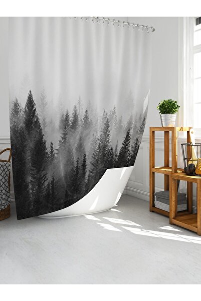 Tropikhome Banyo Duş Perdesi Sisli Orman Desen Dijital Baskılı Banyo Perdesi, Tek Kanat C Halkalı-180x200 Cm