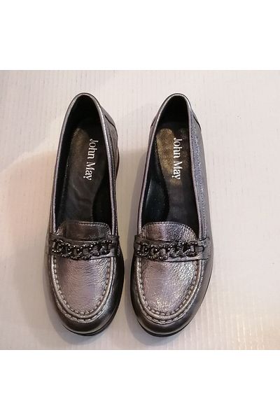 John May Women's Genuine Leather Bronze Chain Banded Rubber Non-Slip Sole Wedge Heeled Loafer