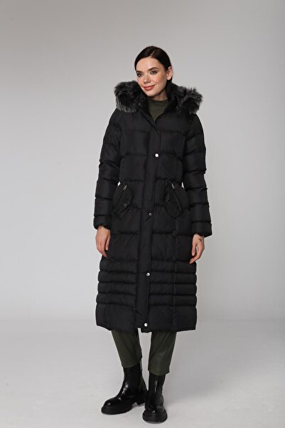 Olcay Γούνινο Puffer Coat με Αφαιρούμενη Κουκούλα Μαύρο 6138