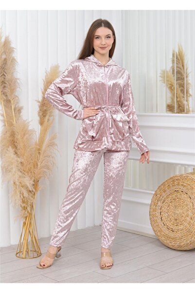 Nuseel Yeni Sezon Janjanlı Kadife Cepli Takım Gül Kurusu Rengi