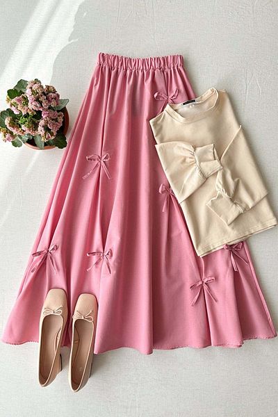 Ceylan Otantik Cream 2 Yarn Crop & Pink Bow Skirt Set
