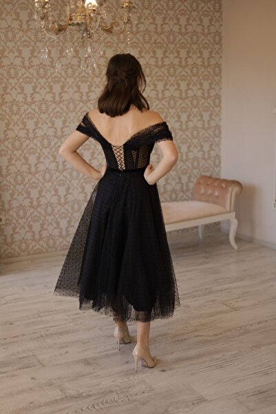 ZEYNEPYILMAZMODA Siyah Puantiyeli Midi Boy Elbise