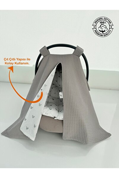 Jaju Baby Puset Örtüsü Ve Puset Minderi Gri Waffle Pike Ve Mickey Desen Tasarım