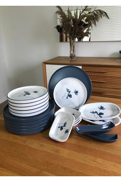 Keramika 20 Piece Blue Magic Stackable Breakfast Set for 6 People Matte Blue White