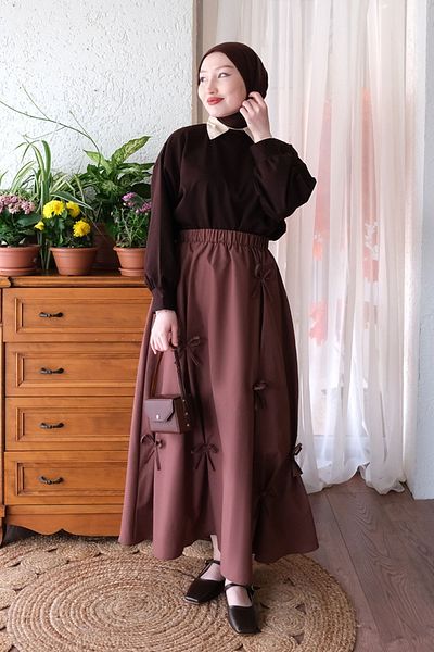 Ceylan Otantik Chocolate 2 Yarn Crop & Bitter Brown Bow Skirt Set