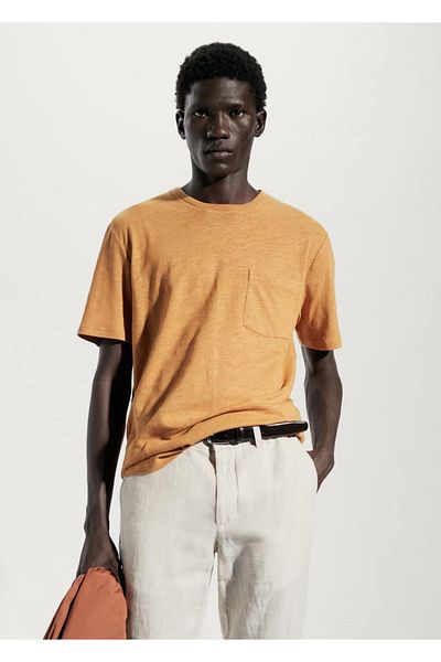 MANGO Man Cotton-linen mix pocket T-shirt